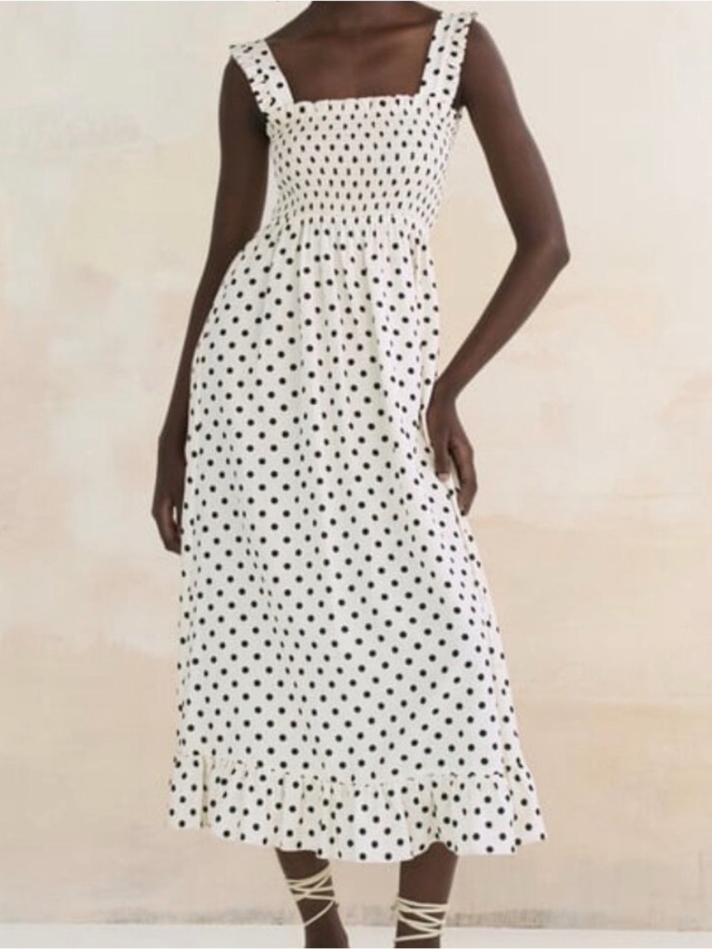 Zara White Midi Dress with Black Polka Dots